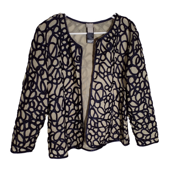 Chicos Travelers Collection Swirl Strip Jacket Tan Black Sz 1/Medium Hook N Eye - Picture 1 of 6